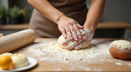 Fototapeta premium person kneading dough