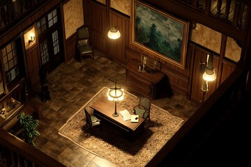 Isometric View of a Cozy Old Room with Dark Lighting. AI generated illustration