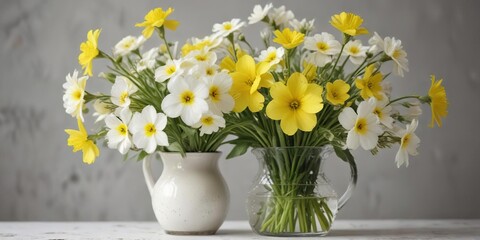 Distressed glass vase filled with a vibrant bouquet of spring primrose blooms in shades of white and yellow , distressed glass vase, primroses, outdoor decoration