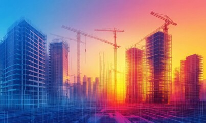 Obraz premium Sunset cityscape, under construction, cranes, framework.