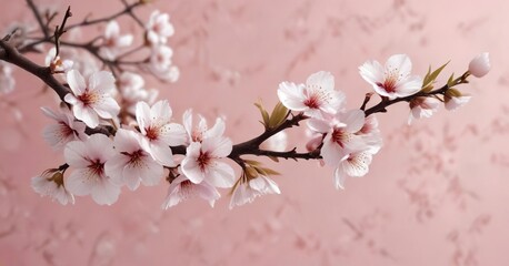 Fototapeta premium A bare branch with white sakura flowers and leaves against a soft pink background, spring blooms, tree branch details, solitary blossom