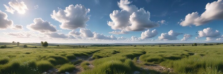 Obraz premium A beautiful countryside landscape with a clear blue sky and few white clouds scattered across the horizon , , minimal cloud cover, beautiful countryside