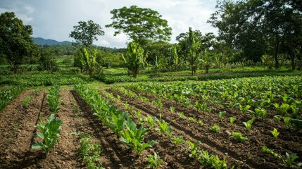 Obraz premium Rows of plants in a rural garden.