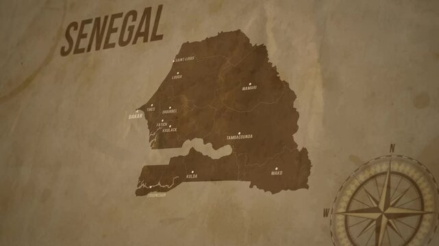Vintage Map of SENEGAL with states Borders and Major Cities Positions