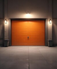A bright orange garage door with a single spotlight shining on it, bright orange garage door, spotlight, exterior lighting