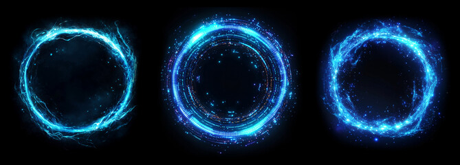Set of blue energy rings, swirling with sparkling particles on black background