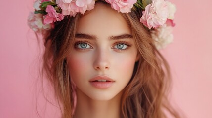 Naklejka premium Woman with flower crown, pale skin, natural makeup, blue eyes, beautiful portrait, studio shot, soft lighting, pink background.