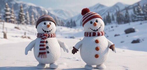 A happy snowman in striped outfit walks towards the viewer in a snowy landscape, festive atmosphere , walking figure