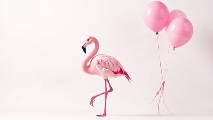 Fototapeta premium pink flamingo with balloons on white background, birthday greeting concept