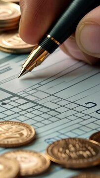 A close-up of a hand holding a pen above a grid paper, with scattered coins nearby, suggesting financial planning or budgeting. Vertical video.