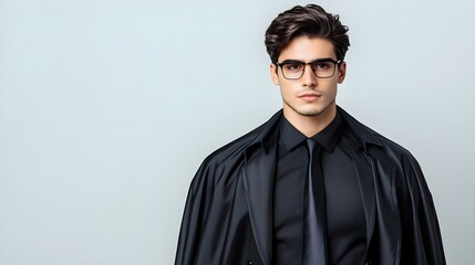 Obraz premium Stylish young man in formal attire with glasses and black coat, standing against light background, exuding confidence and sophistication, perfect for fashion and business themes