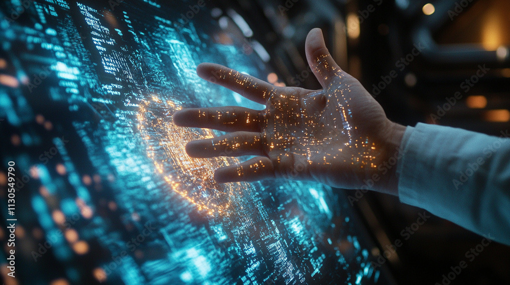 Poster ai generates dynamic interaction with digital data streams via hand futuristic environment technolog