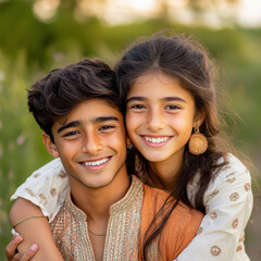 Fototapeta premium indian brother in kurta and sister hugging with a laughing expression