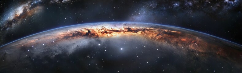 Fototapeta premium Wide-Angle View of Earth from Space with Blue Glow on Horizon and Stars in the Black Sky