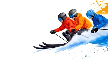 Dynamic Ski Scene with Three Male Skiers in Vibrant Colors Displaying Energy and Excitement on a Snowy Mountain Landscape