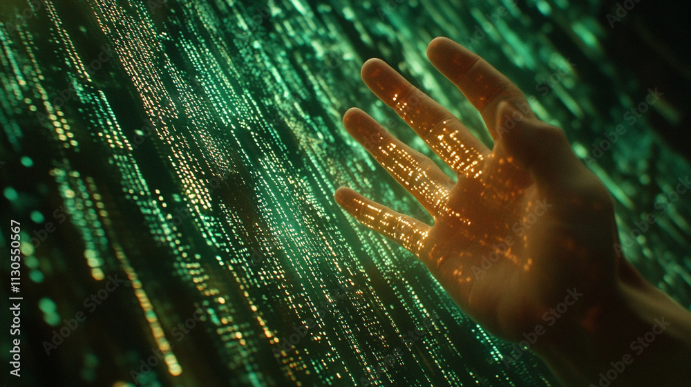 Poster ai generates interaction with flowing binary code in digital landscape technology concept enhanced v