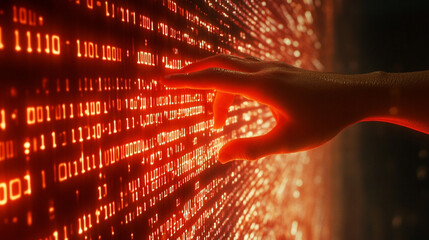 Ai generates human interaction with flowing binary code in digital realm futuristic technology virtual environment visual experience