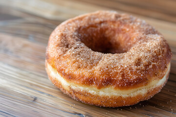 Cinnamon sugar donut with golden brown crust and soft texture on rustic wooden surface