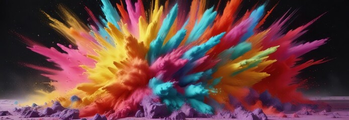 Obraz premium Centered explosion of bright and bold colored powders, vibrant cloud, centered blast, bright bursts