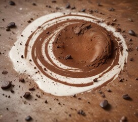 chunky coffee grounds settle into a frothy milk and cocoa powder mixture, creating a marbled effect, beans, marbly