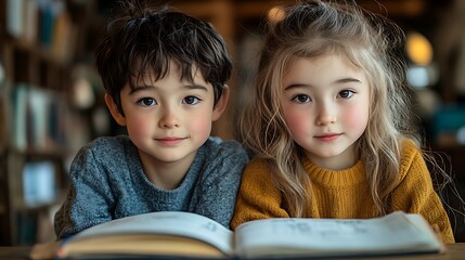 Two young children attentively read a book together