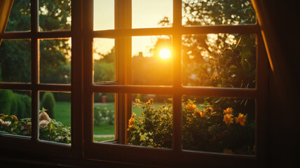 
A view from a window of a beautiful house with the rising sun, featuring a blurred background and soft bokeh effects.