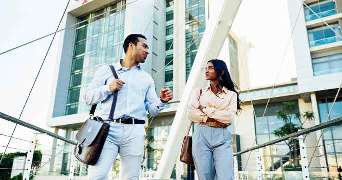 Man, woman and conversation in city with outdoor, morning commute and travel for business trip. Walking, attorney and lawyer intern with New York opportunity, confidence and talking for advocate job