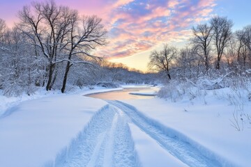 Obraz premium Serene Winter Landscape with Snow-Covered Trees and Calm River in Soft Pastel Colors