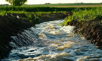 Naklejka premium Swift water flows through a grassy field's ditch.