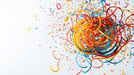 A burst of colorful rubber bands falling in chaotic motion, creating a playful design on a white background