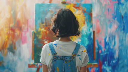Fototapeta premium A young female artist, covered in paint and wearing denim overalls, stands with her back to the camera, looking at an easel with a painting in an art studio.