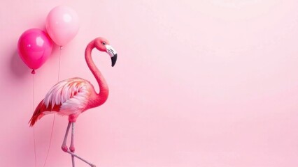 pink flamingo with pink balloons on pink background, birthday greeting concept, space for text, card layout