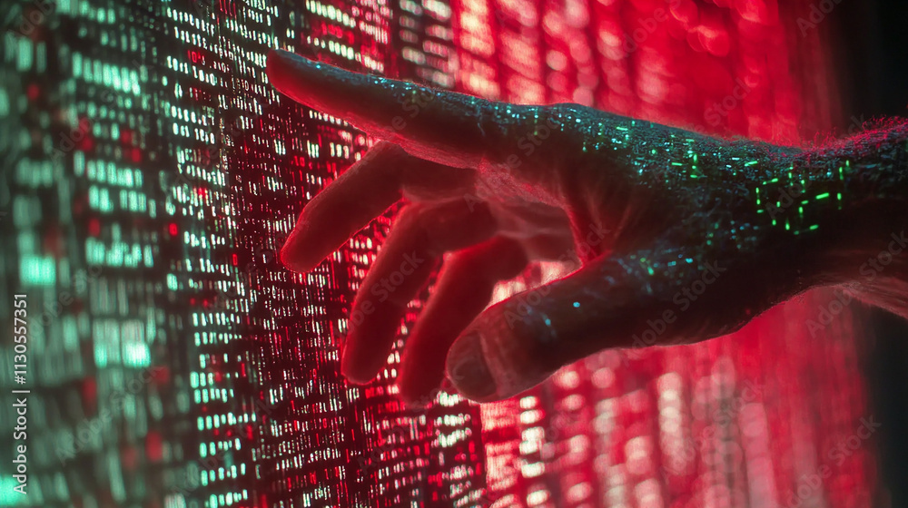 Poster ai generated human hand interacting with digital binary code in a futuristic environment for enhance