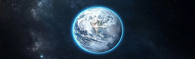 Abstract Planet Earth with Blue Glowing Lights in Space Over Dark Starry Sky, Panoramic View