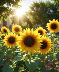 Obraz premium A cluster of sunflowers in a garden, their large bright yellow petals shining like a ray of sunshine on a summer afternoon , happy, vibrant