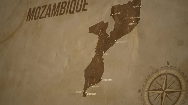 Vintage Map of MOZAMBIQUE with states Borders and Major Cities Positions