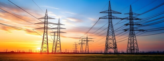 A photo of an electric power grid in the background with green grass and trees, a sunrise in the sky, golden hour lighting