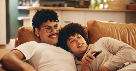 Relax, TV and couple on sofa with remote for watching movies, film and series on weekend. Living...