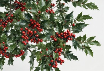 Obraz premium A large holly bush with bright red berries against a white background, winter landscape, evergreen plants, cold weather