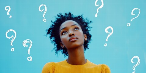 Thoughtful young Black woman pondering questions against a vibrant blue backdrop.