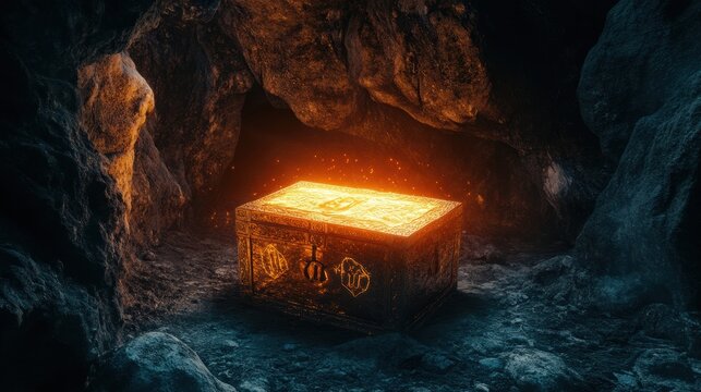 Hidden secrets portrayed as a glowing chest buried in a dark cave with cryptic symbols carved into the walls