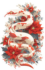 Beautiful Christmas and Chinese New Year 2025 illustration with white snake and poinsettia Christmas star red flowers. Elegant and artistic poster design.