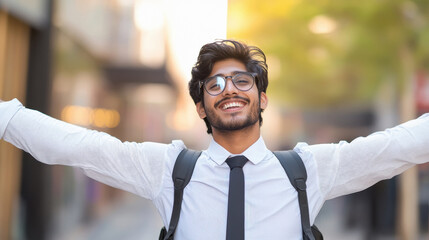 Obraz premium young indian male business casual with welcome open arms.