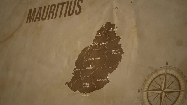 Vintage Map of MAURITIUS with states Borders and Major Cities Positions