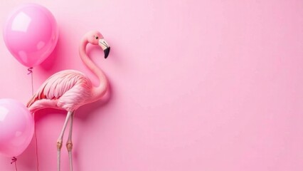 pink flamingo with balloons on pink background, birthday greeting concept, space for text, card layout