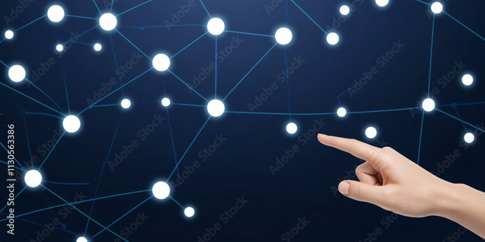 Poster concept of digital connection with hand signaling for communication in a network of glowing nodes