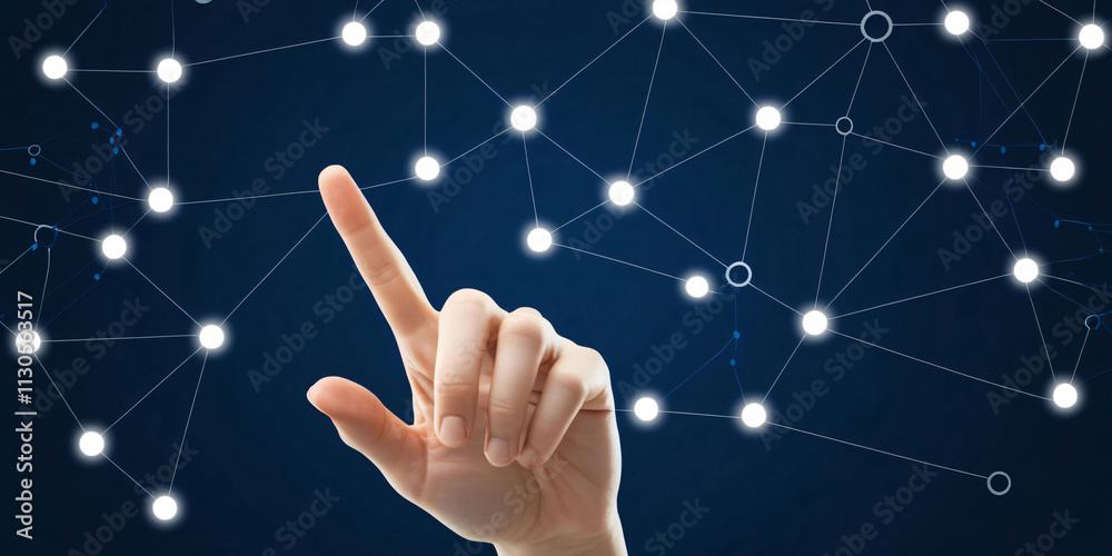 Poster concept of digital connection with hand signaling for communication in a network of glowing nodes