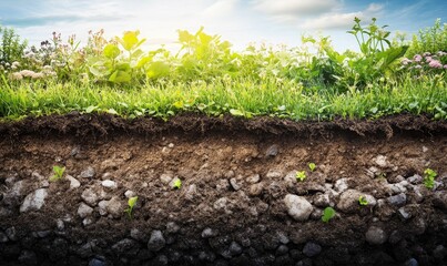 Cross-section of soil layers, plants, and roots.
