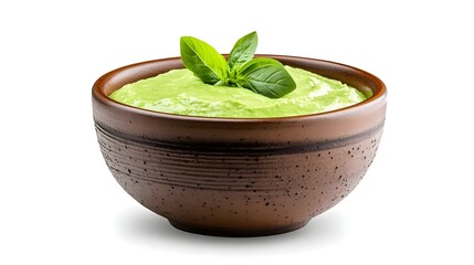 Fresh and Creamy Green Basil Sauce in a Rustic Brown Bowl with Green Herbs on Top, Ideal for Culinary and Food Photography Needs