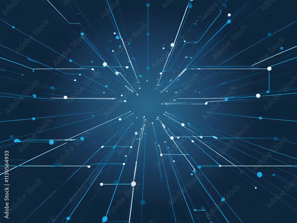 Poster digital network connections radiate from a central point creating a dynamic technological background